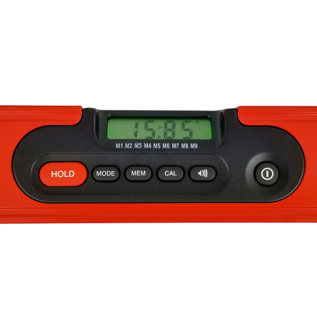 This 48" professional digital level stores measurements and helps the user find exact angles, percentages, and pitches. The digital display is accurate to .1° at level and plumb, .2° at other angles. Wide screen LCD screed with LED backlight displays 360°