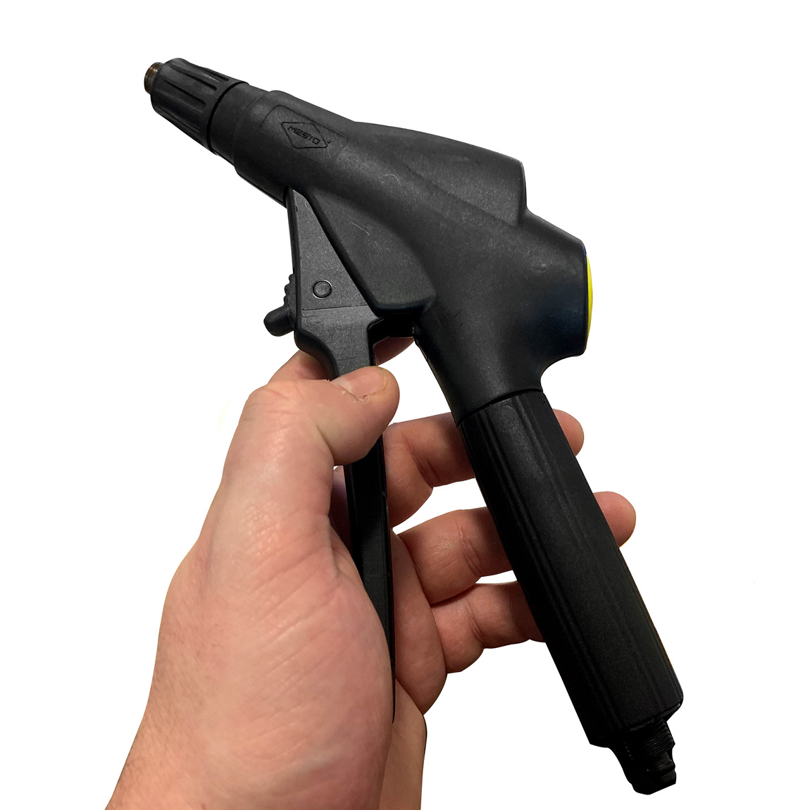 This trigger allows the operator to control the output of Mesto Sprayers. These triggers can be ordered from Speedcrete, United Kingdom as a replacement part to extent the longevity of the product. This trigger can be attached to brass extension wands.