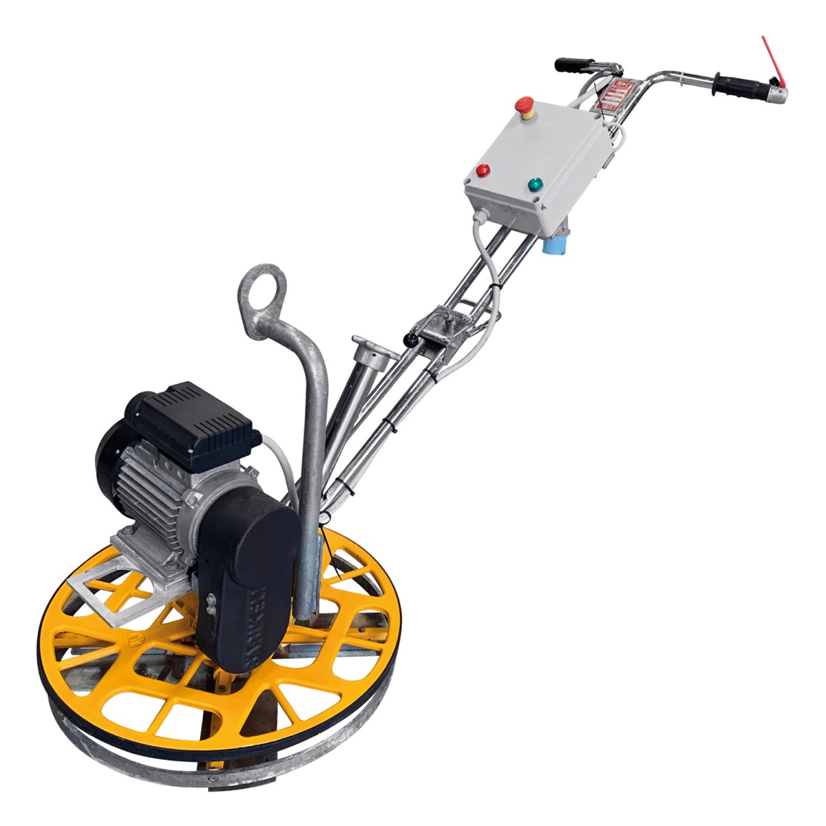 This Barikell 24" Electric powered Edging Trowel is a popular 4 blade model called the Moskito. Designed to get close (to within 1/4") to edges. Concrete professionals can easily move this robust piece of machinery across site for finishing purposes via t