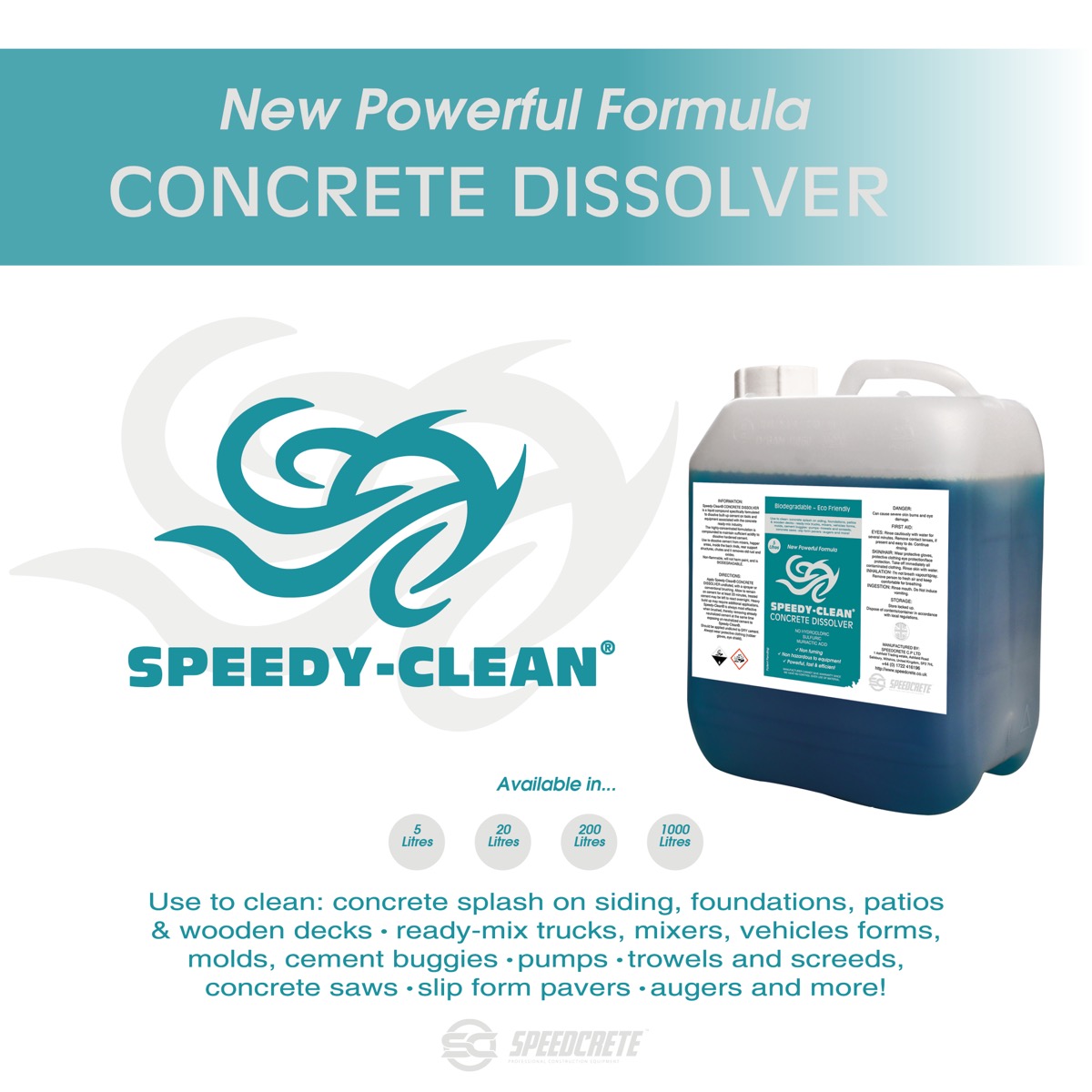 Clean and protect your capital investments from hardened concrete with this super effective concrete dissolver, the most powerful & effective concrete dissolver available!
Simply add the Speedy-Clean to a foamer, spray the foam onto the concrete covered 