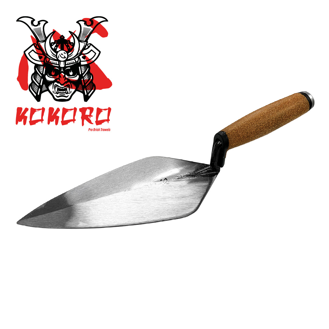 Kokoro bricklayers trowels are forged from a single piece of steel for longevity. This trowel comes with a cork material handle and has the narrow London pattern. Available in the United Kingdom via Speedcrete professional brick tools specialist.