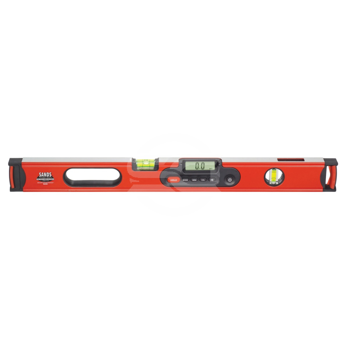 This 48" professional digital level stores measurements and helps the user find exact angles, percentages, and pitches. The digital display is accurate to .1° at level and plumb, .2° at other angles. Wide screen LCD screed with LED backlight displays 360°