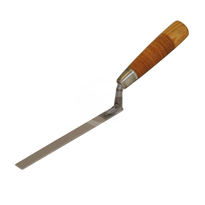 Kraft Caulking trowel 7 x 3/8" with Leather Grip. The narrow, flat 1" blade is ideal for tuckpointing, caulking, and other tight jobs. A favourite trowel for masonry restoration and repair. Speedcrete, United Kingdom.