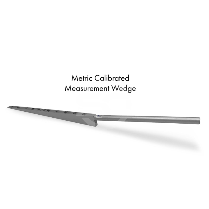 A Metric Graduated Measurement Wedge is a great tool for the task of determining how accurate the work is by sliding the wedge under a straight edge tool which has raised blocks to take the measurement.
