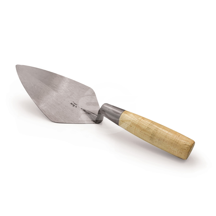 London Narrow w.rose brick trowel with traditional wooden handle available from Speedcrete, United Kingdom.