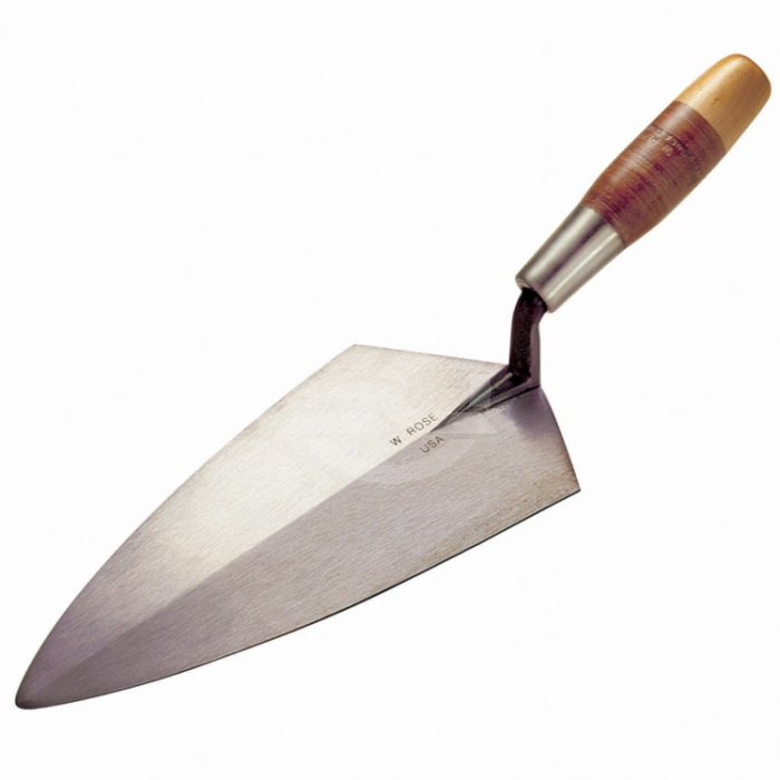 W.Rose Philadelphia Brick Trowel 11½" with Leather Grip. The Philadelphia pattern for use with block because of its square edges and ability to hold large amounts of mortar. Available from Speedcrete, United Kingdom.