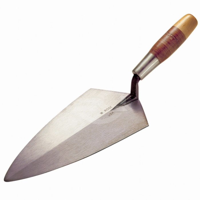 W.Rose Philadelphia Brick Trowel 12 x 5-9/16" with Leather Grip. The Philadelphia pattern has become the most popular pattern of choice for use with block because of its square edges ability to hold large amounts of mortar. Available from Speeddcrete, Uni