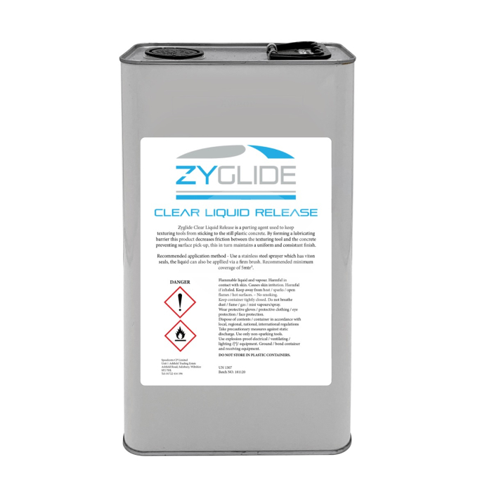Speedcrete supply Zyglide Clear Liquid Release. This product is a parting agent used to keep texturing tools from sticking to the concrete at what is called the 'Plastic stage'. This release agent has become increasingly popular replacement for thinners a