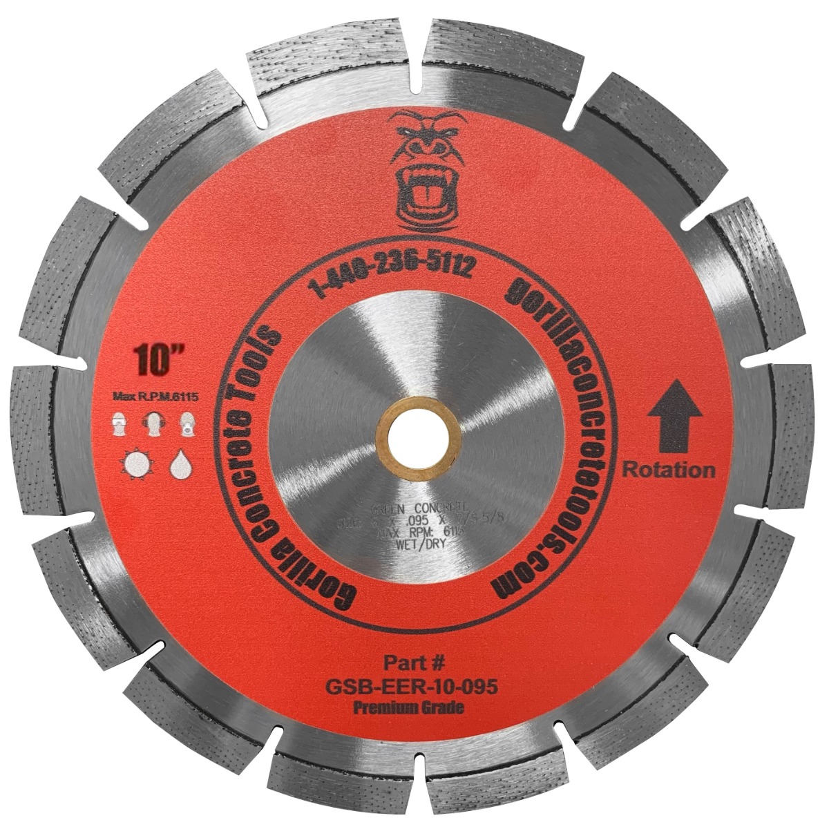 Gorilla 10" Early Entry Diamond Blade with 7/8" arbor. Made for use on the GS-300 Self-propelled Early Entry Soft Cut Floor. The ten inch blade will give you a maximum of 3 inches depth cut on the concrete when used with the above early entry saw. Availab