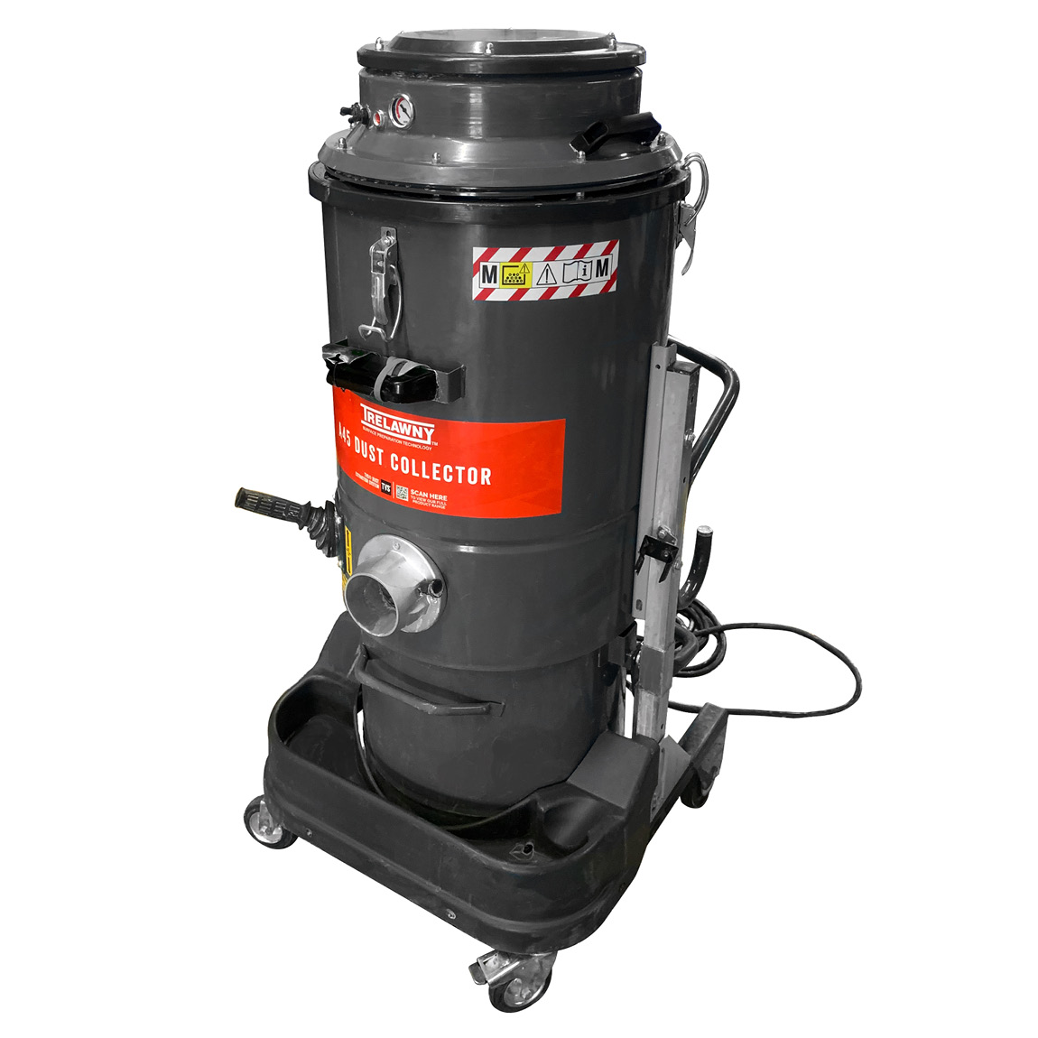 Dust collector for industrial use, the A45 Trelawny model can be used with concrete floor grinders and expansion joint floor saws to ensure a dust free environment. Available to hire or purchase from Speedcrete, United Kingdom.