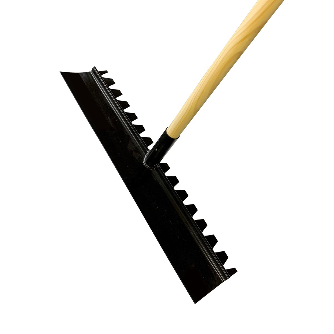 This heavy-duty Steel dual faced placer measures 13cm across and has a 57cm wooden handle. The twin edged concrete blade has a flat and rake side for your preference of usage.