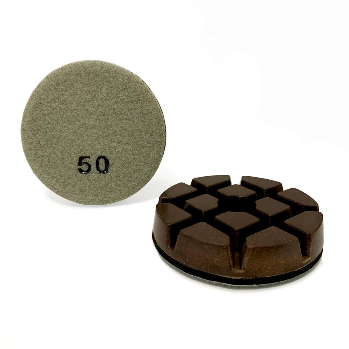 Resin Diamond pucks are used to grind concrete to a polished finish. a selection of grit levels can be velcro attached to a planetary Grinder. Available from Speedcrete, United Kingdom.