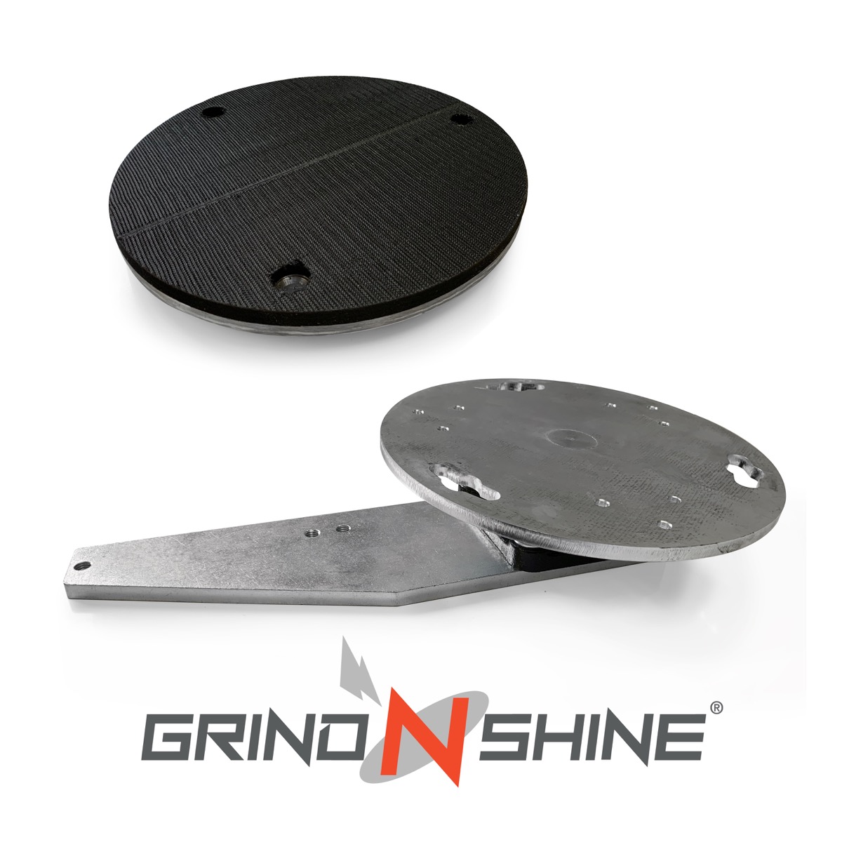 Grind N Shine planetary rotation abrasive concrete grinding or polishing tooling arm. Made from steel this arm attaches to the ride-on or pedestrian power trowel spider arms to grind down concrete. Available from Speedcrete, United Kingdom.