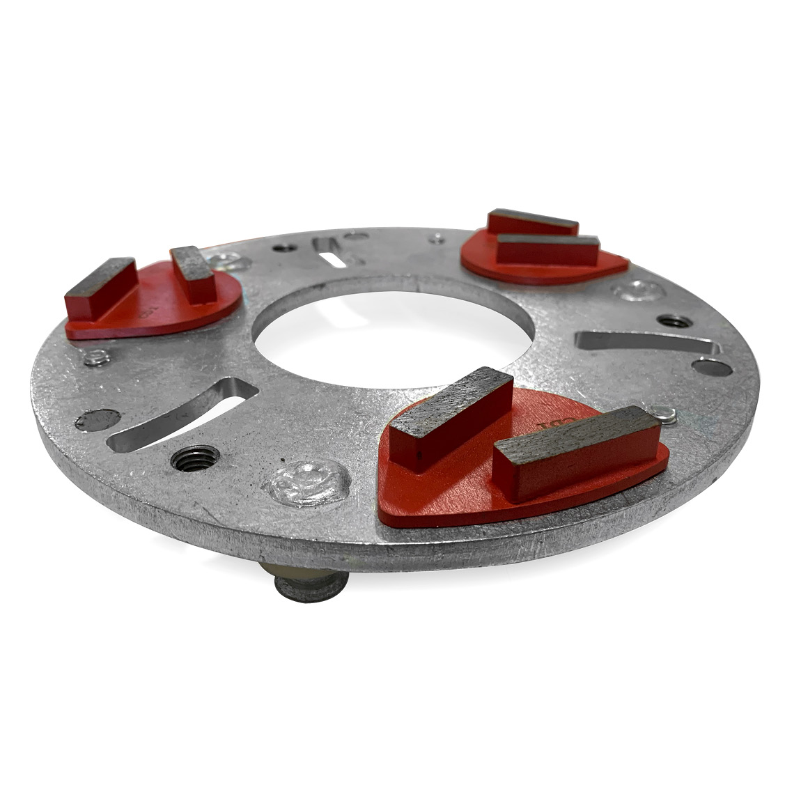 Grinding concrete abrasive holder for magnetic diamond grinding discs. This plate is designed to slot into the planetary arm plate system which can be attached to pedestrian and ride-on concrete trowels.