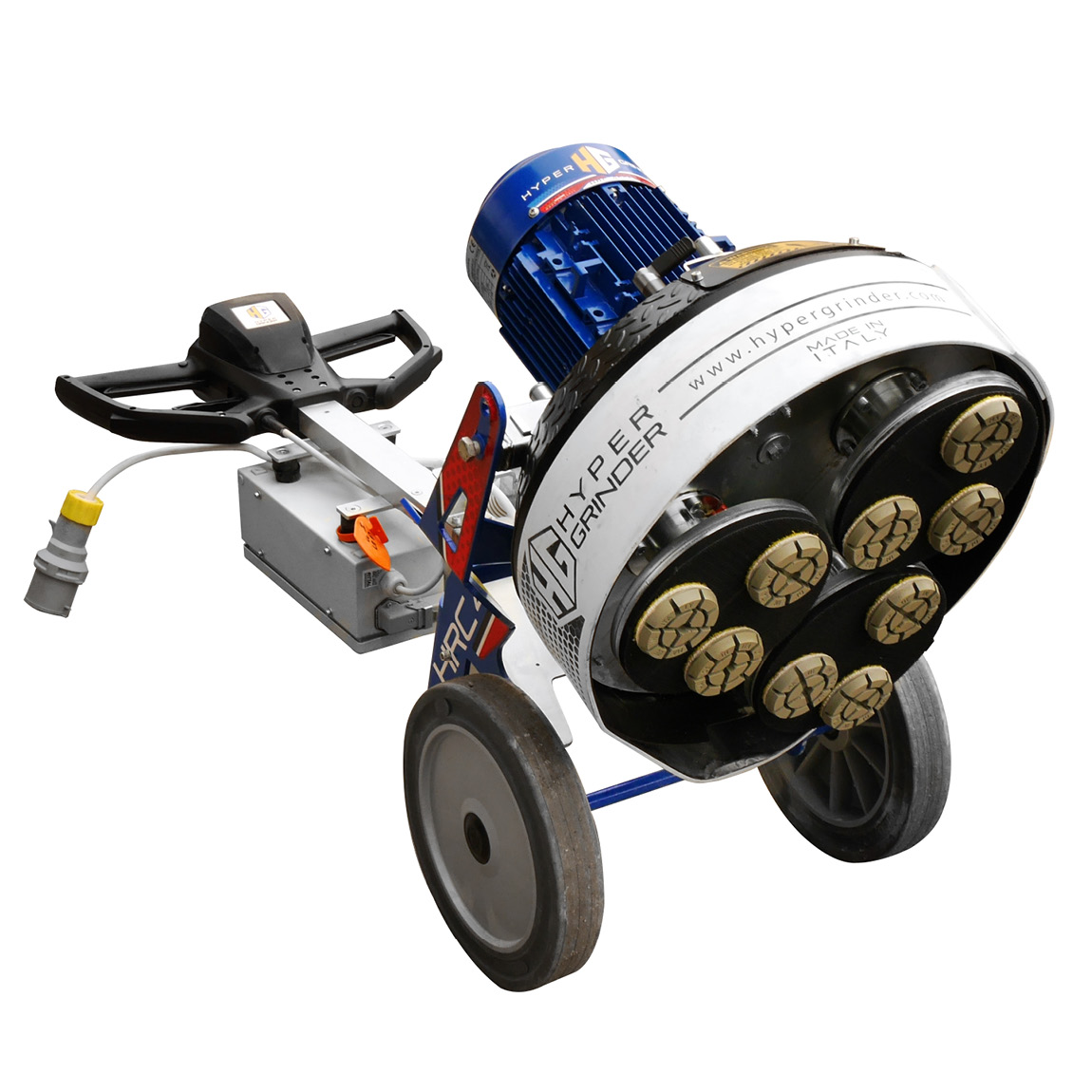 This 110v Hyper Grinder is used to grind or polish concrete floors. This electric grinder has three setting to allow for an effective usage. Available from Speedcrete, United Kingdom for hire or purchase.