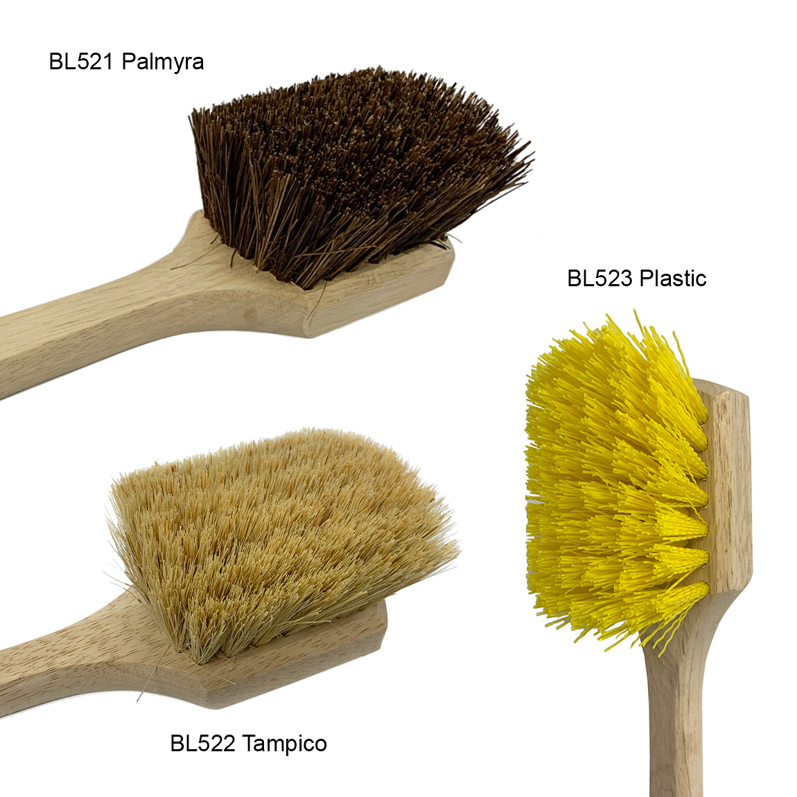 Brushes with a long wooden arm used in construction for cleaning concrete and cement. These robust brushes are plastic fibres, Tampico and Palmyra. Available from Speedcrete, United Kingdom.