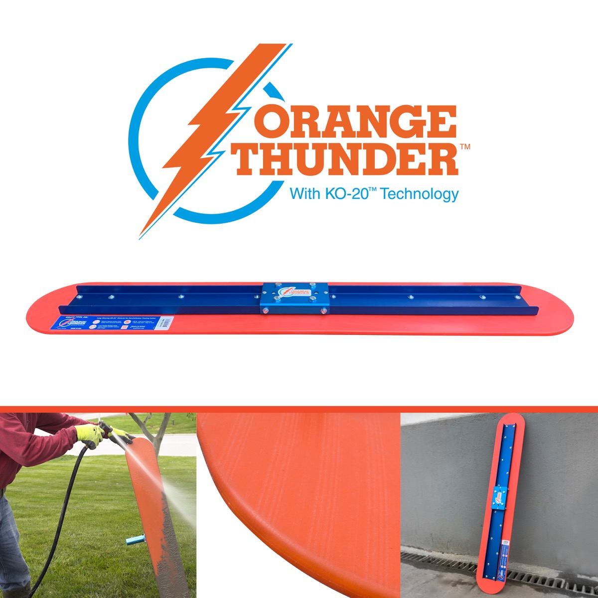 The Orange Thunder® with KO-20™ Technology Concrete Bull Float is made with the latest advancement in construction tools. This lightweight engineered material allows for seamless motions to quickly bring up bleed water to open up the surface as it levels 