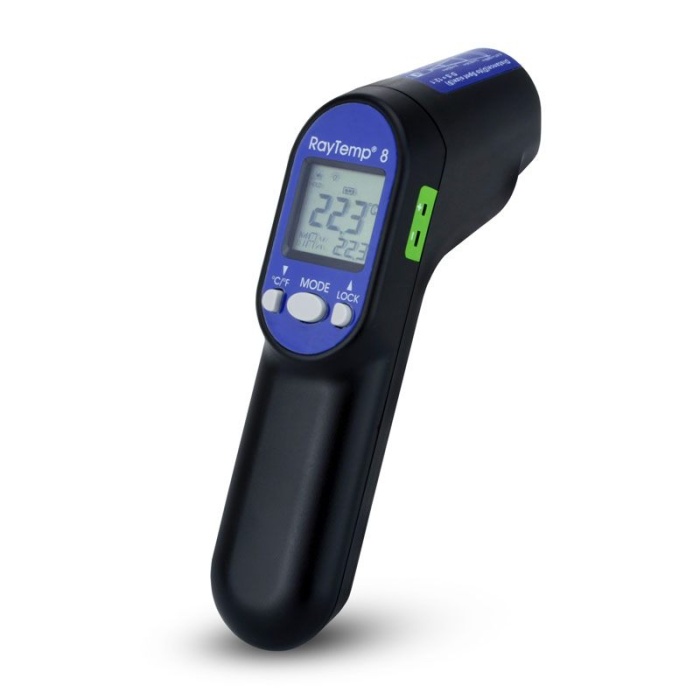 RayTemp® 8 - Infrared Thermometer Kit. The RayTemp 8 infra-red thermometer is compact, gun-shaped, lightweight and easy to use. Simply aim, press the button and display the temperature of the item being measured. Speedcrete, United Kingdom.