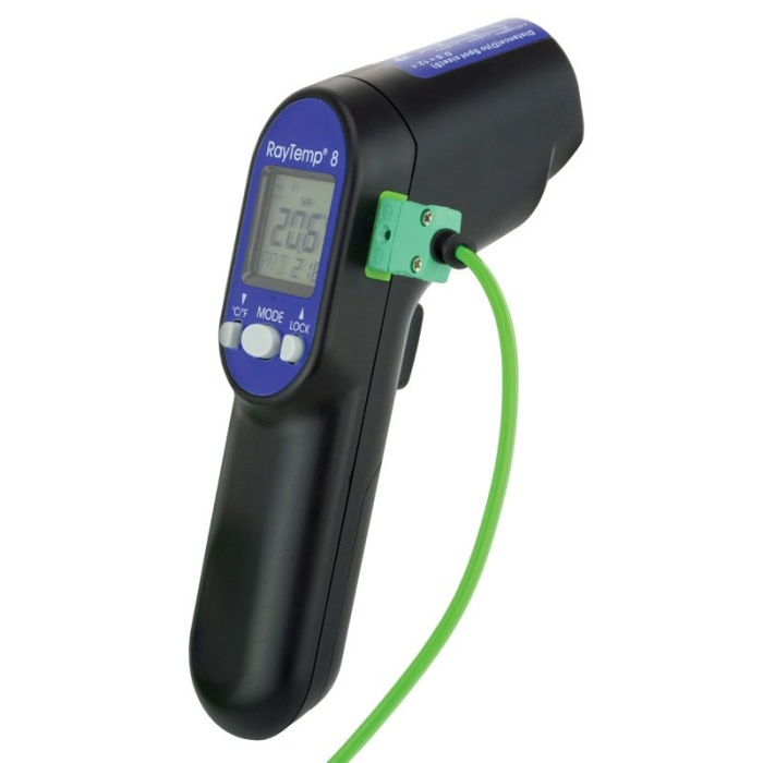 RayTemp® 8 - Infrared Thermometer Kit. The RayTemp 8 infra-red thermometer is compact, gun-shaped, lightweight and easy to use. Simply aim, press the button and display the temperature of the item being measured. Speedcrete, United Kingdom.