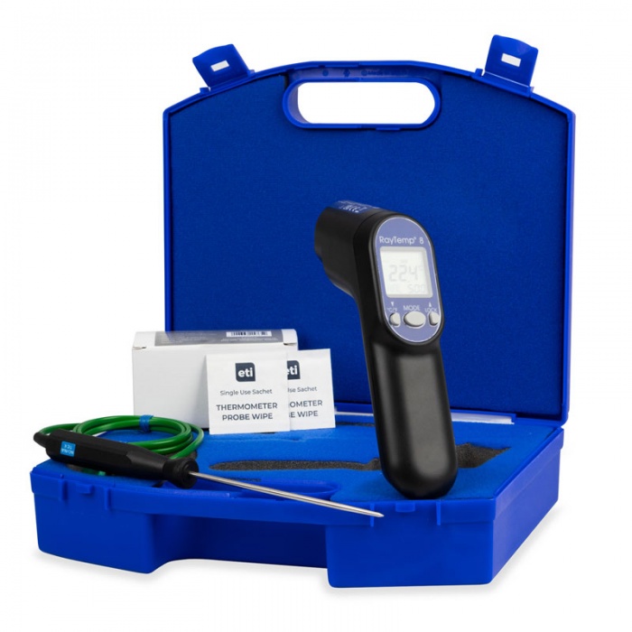 RayTemp® 8 - Infrared Thermometer Kit. The RayTemp 8 infra-red thermometer is compact, gun-shaped, lightweight and easy to use. Simply aim, press the button and display the temperature of the item being measured. Speedcrete, United Kingdom.