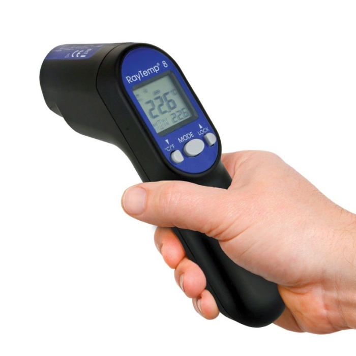 RayTemp® 8 - Infrared Thermometer Kit. The RayTemp 8 infra-red thermometer is compact, gun-shaped, lightweight and easy to use. Simply aim, press the button and display the temperature of the item being measured. Speedcrete, United Kingdom.