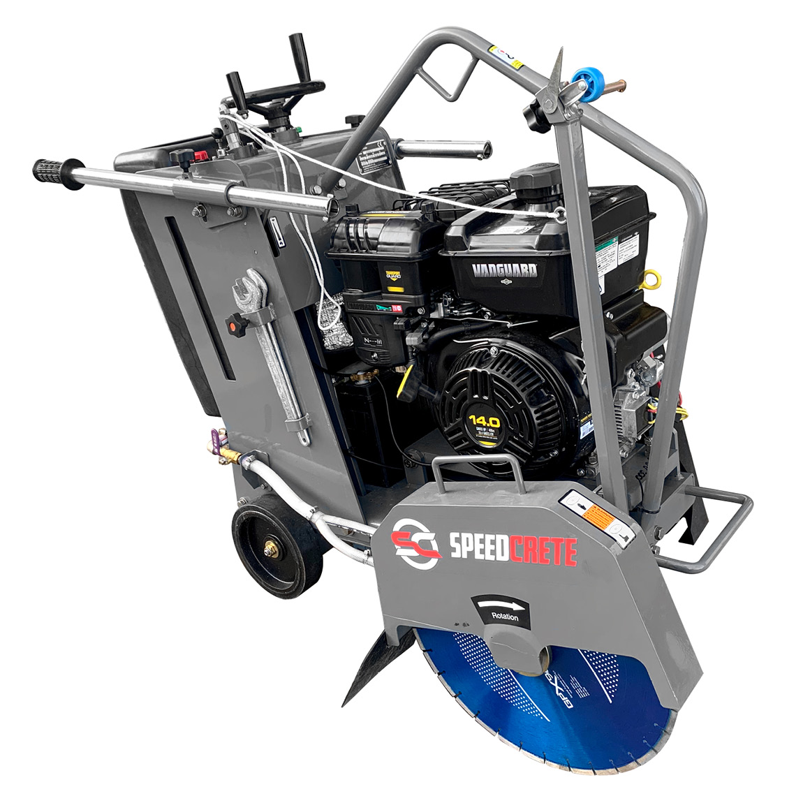 This Floor Saw is designed to cut concrete to a maximum depth of 190mm. This self propelled floor saw is powered by a petrol Vanguard which produces 14 horse power. Available from Speedcrete United Kingdom.