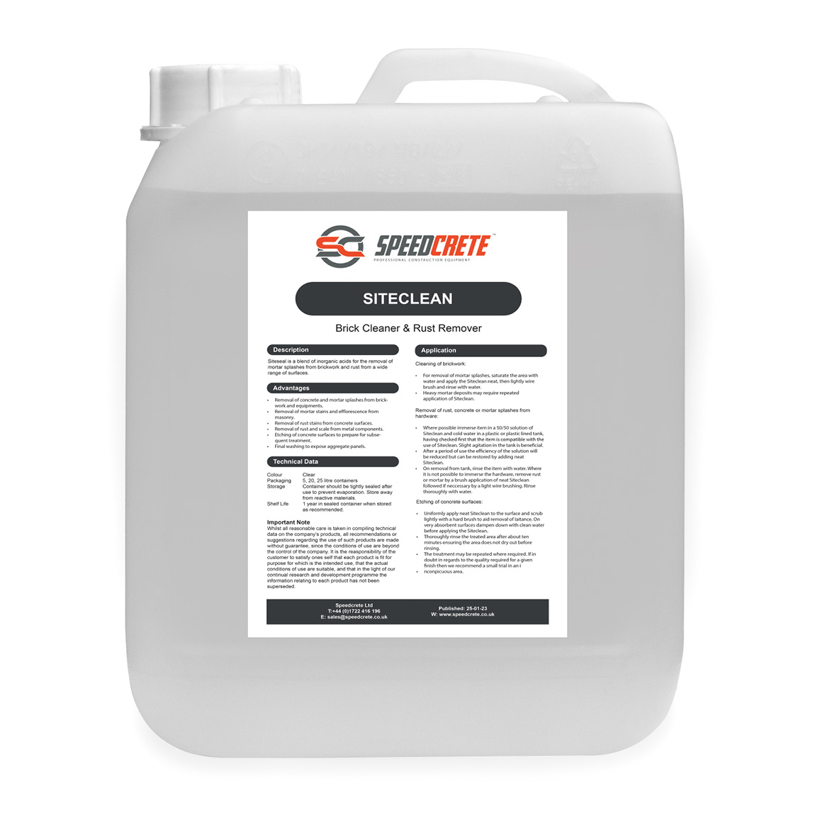 Siteseal is a blend of inorganic acids for the removal of mortar splashes from brickwork, patios and is used to remove rust from a wide range of surfaces. This product is supplied in 5, 20, 25ltr. Available from Speedcrete, United Kingdom.