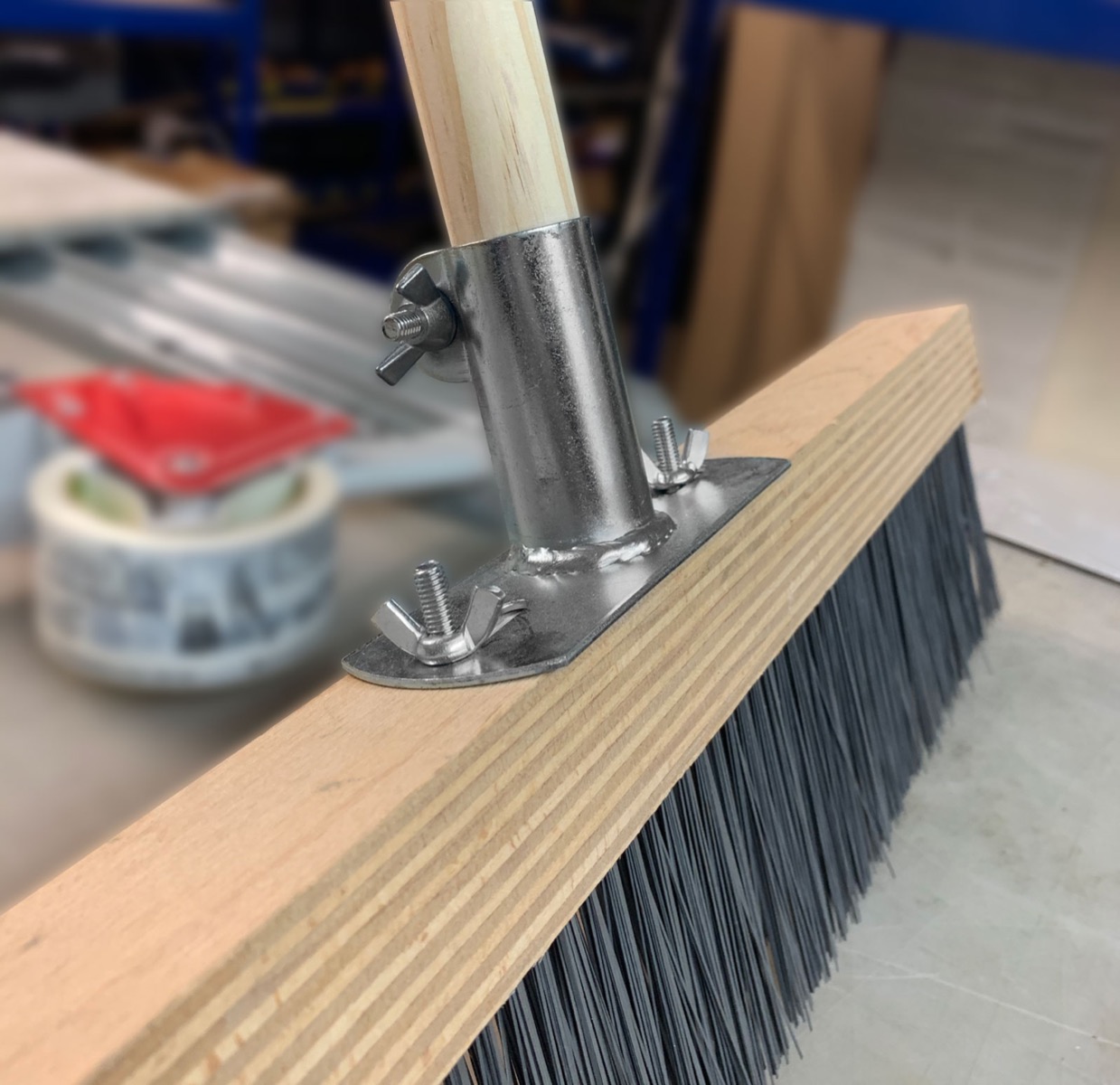 Concrete texturing brooms can be dragged across concrete to add a high grip finish. This sturdy wooden brush head houses the steel bristles. Available to purchase in the United Kingdom via Speedcrete.