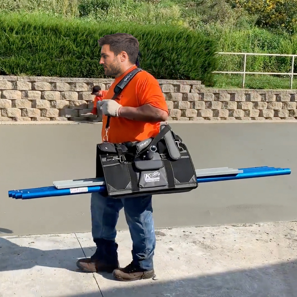 Carry all of your concrete finishing tools at once! Durable, water-resistant polyester backed with PVC material Ezy-tote Carrier from Kraft Tools. Available from Speedcrete, United Kingdom.