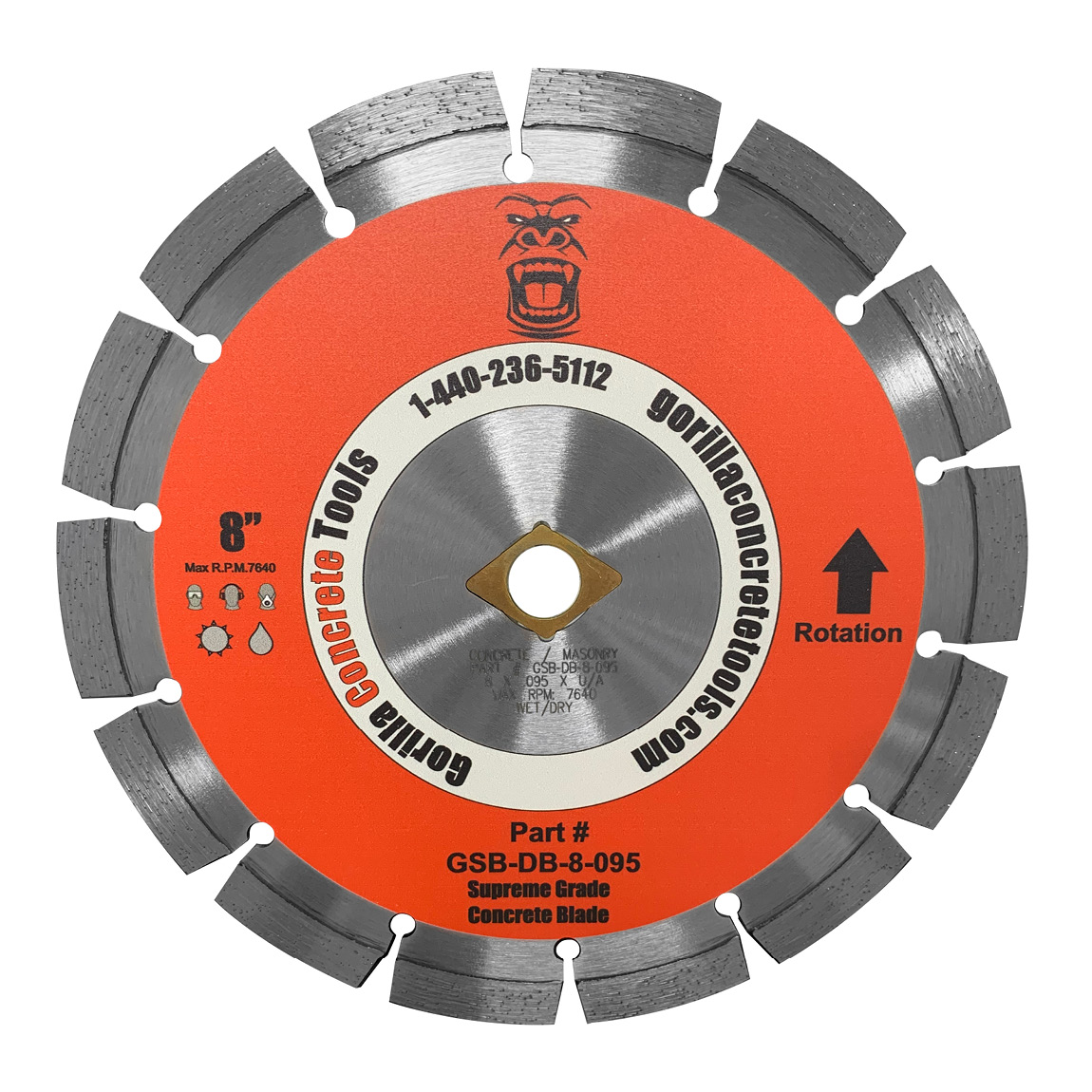 Gorilla 8" Early Entry Blade with 7/8" arbor. Made for use on the GCT-8 Series III Early Entry Soft Cut Floor Saw and the The GS-100 Series early entry saw.