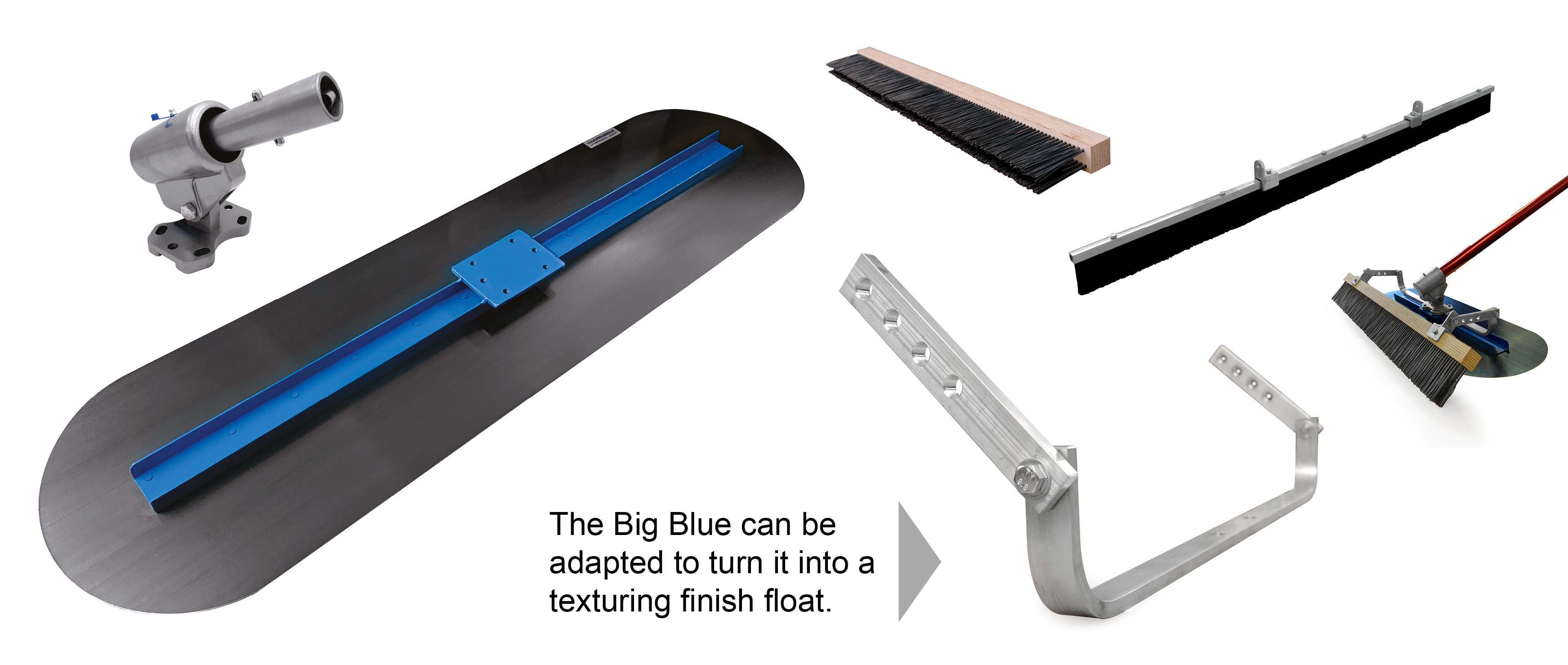 The big blue can also be used for adding a textured finish to the concrete if fitted with a float adaptor this allows various brushes to be connected to your specified finish (Please order these items separately).