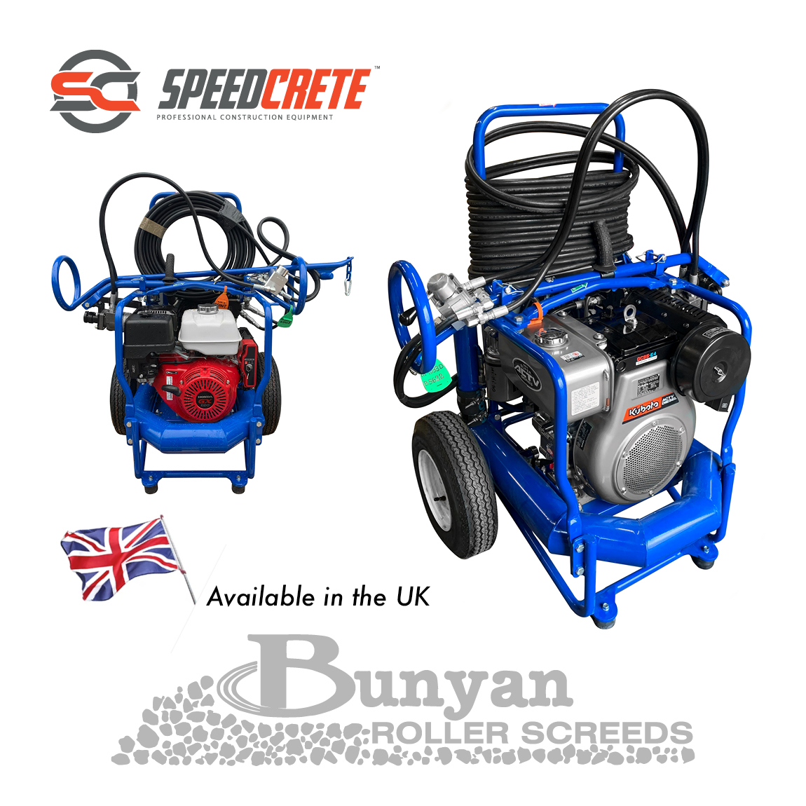 The Bunyan Roller Striker is used to level concrete. This machine is powered by a petrol motor which hydraulically drives the tube. Available from Speedcrete, United Kingdom.