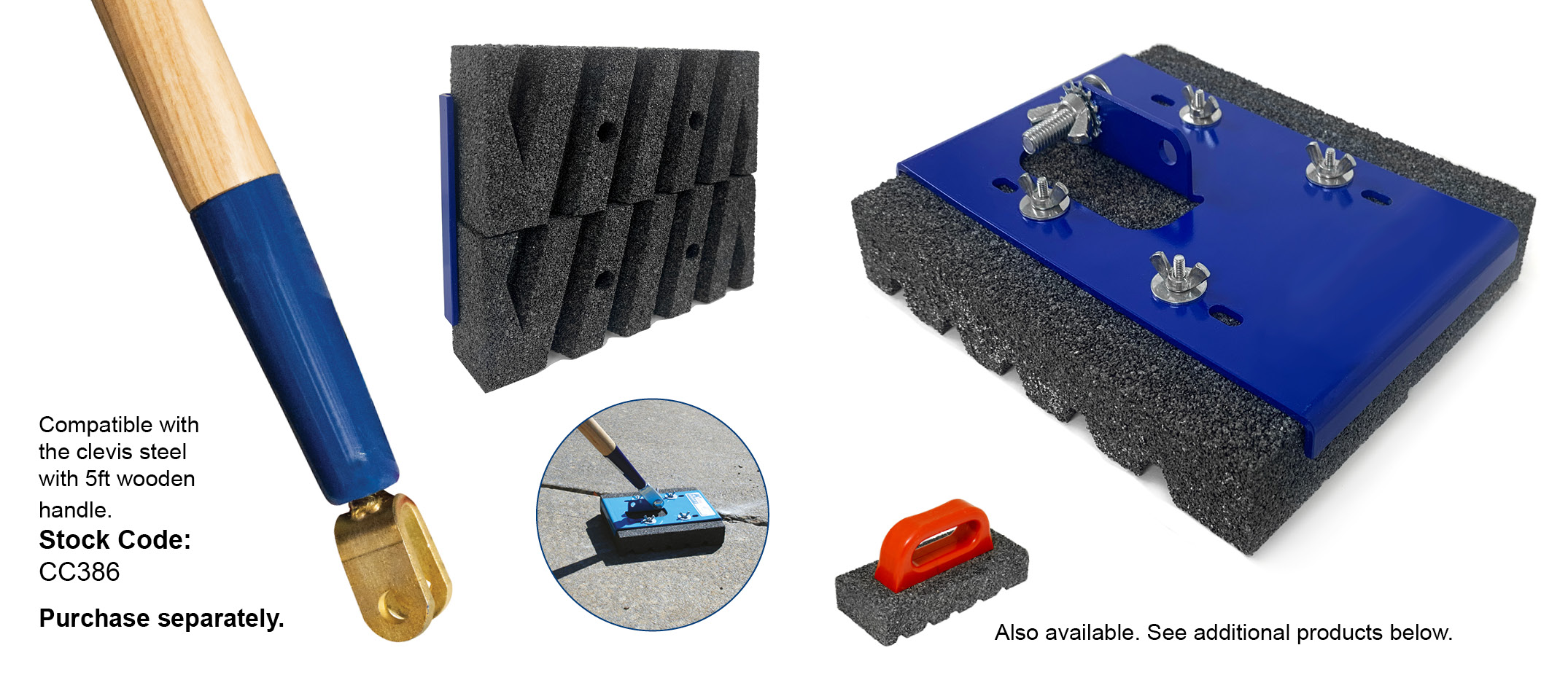 Double rub brick and clevis handle for operating on concrete from a standing position. available from speedcrete, United Kingdom.