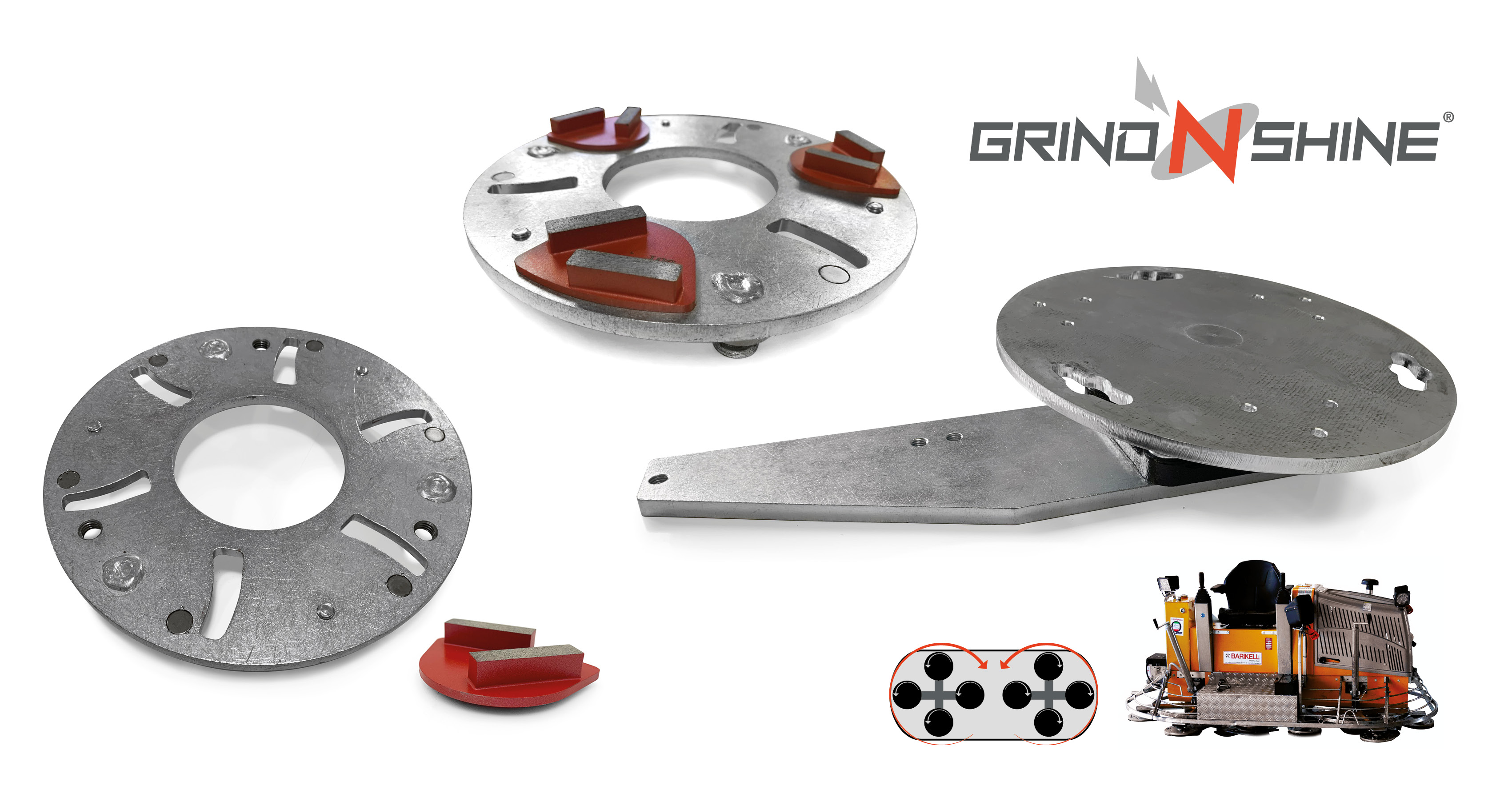The concrete grinding disc holds the diamond grind pucks by magnetically holding into place. This tooling can be connected to a ride-on power trowel as a hybrid tool. 