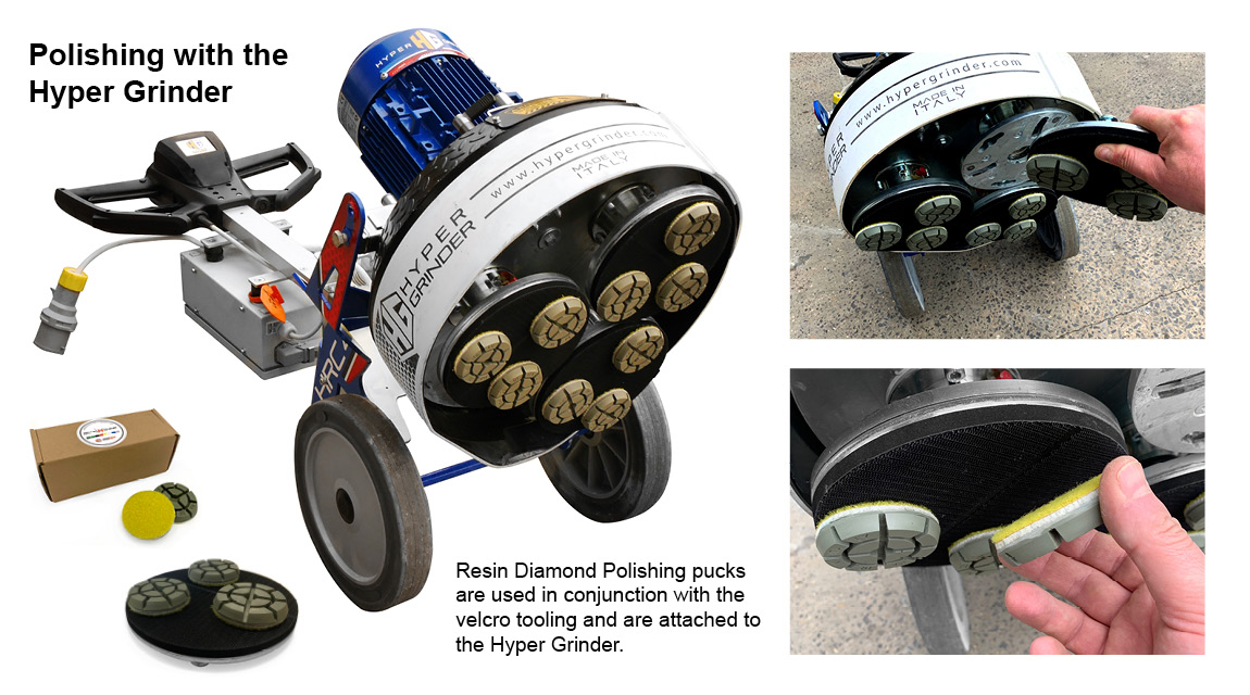 Polishing concrete with Diamond resin pucks with the Hyper Grinder Electric. Available to hire through Speedcrete, United Kingdom.