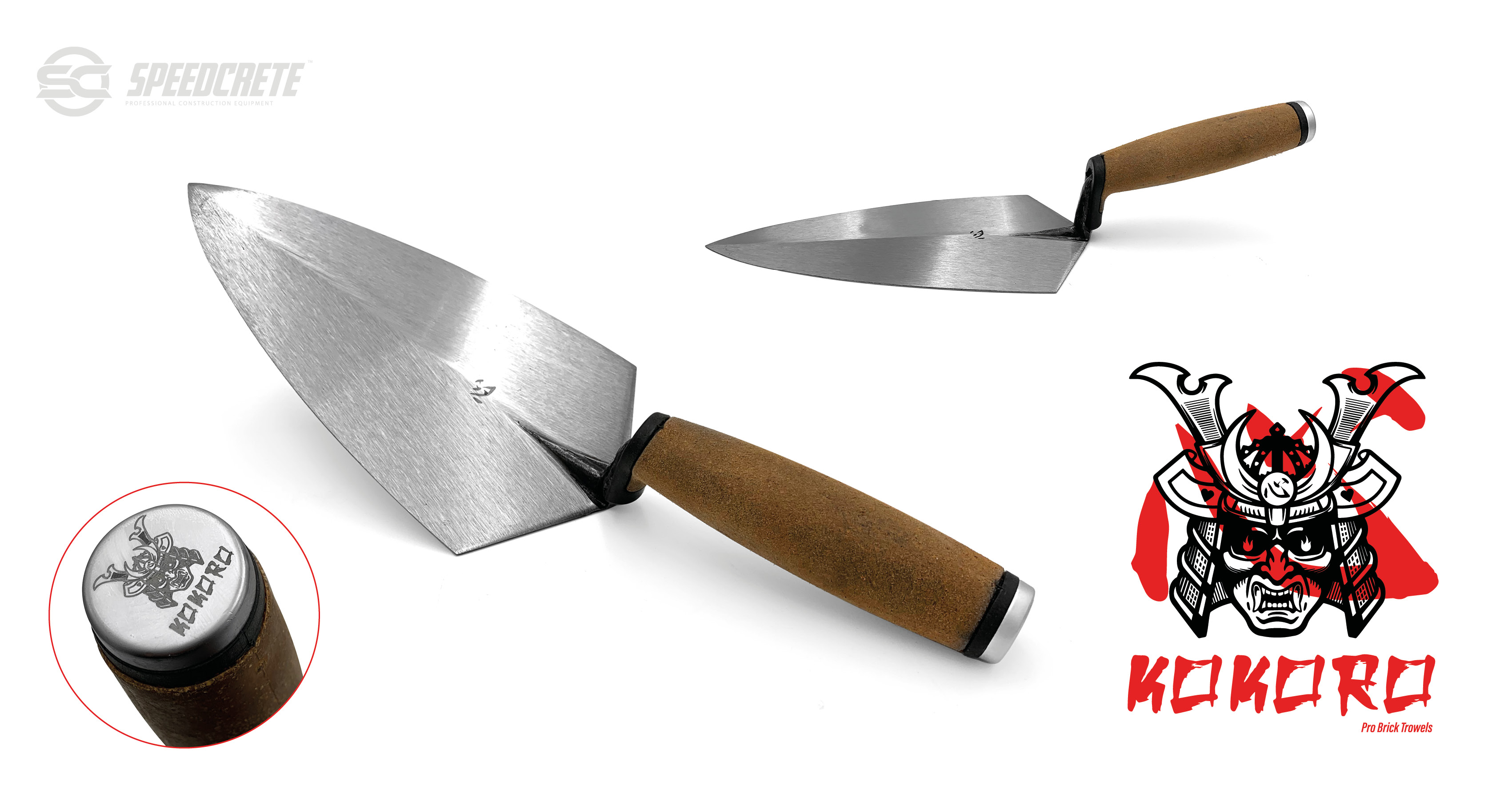 This Kokoro Brick Trowel is made using the Philadelphia pattern and has a comfortable leather handle. Made from hard wearing carbon steel these professional quality brick trowels available to purchase online via Speedcrete, United Kingdom. 