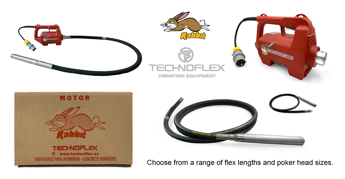 The Technoflex Rabbit High Frequency electric motor can be connected to a range of vibratory flex hoses supplied by Speedcrete. When petrol or diesel motors are not an option this double insulated electric motor.