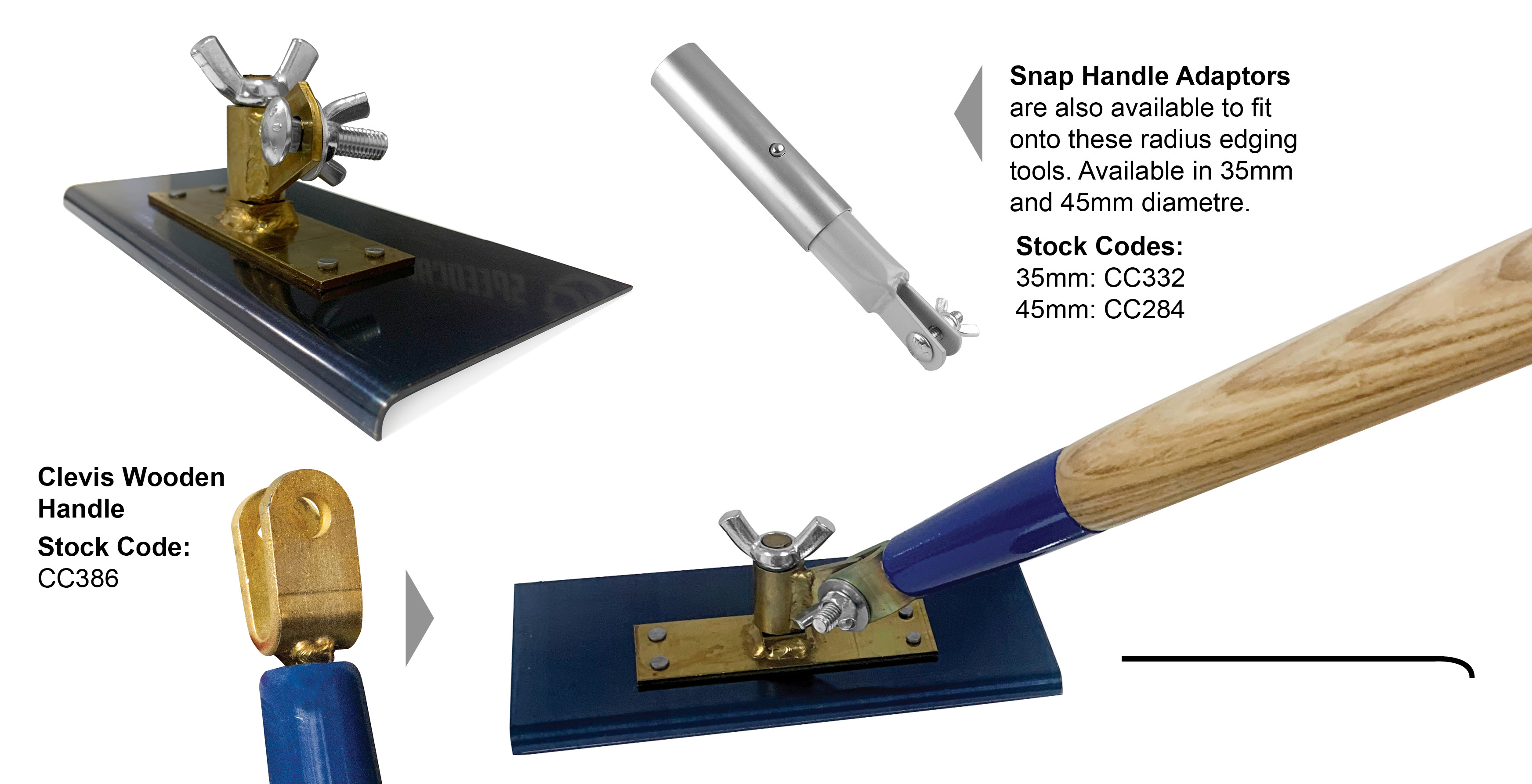 The 360° swivel bracket works from any angle and allows you to twist the wingnut to hold the desired angle.  This tool comes with a Clevis 54" (5ft) smooth wooden handle which can be used with a multitude of concrete finishing tools.