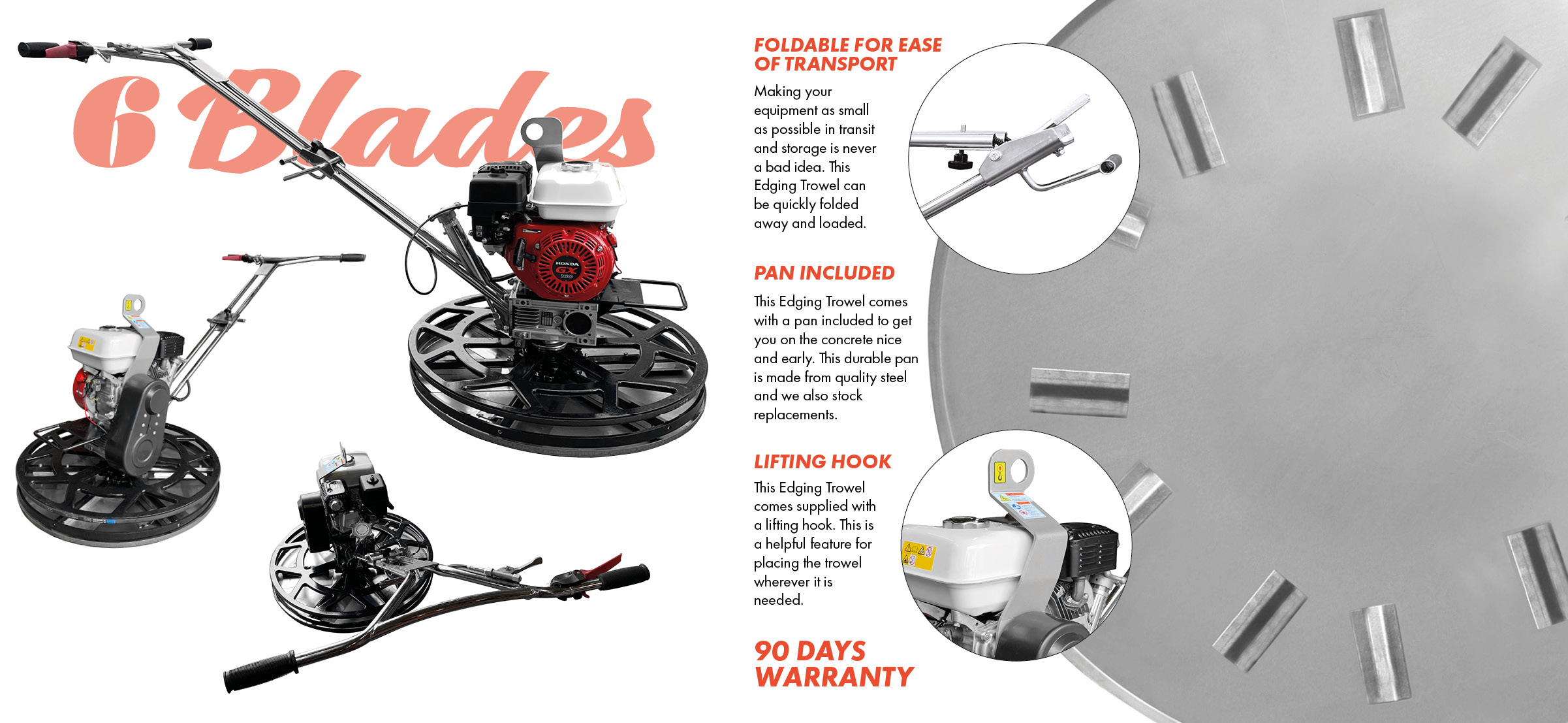 The edging trowel from Speedcrete has 6 blades and comes with a lifting hook, foldable arm and steel pan. Concrete finishing has never been easier. Available via Speedcrete, United Kingdom.