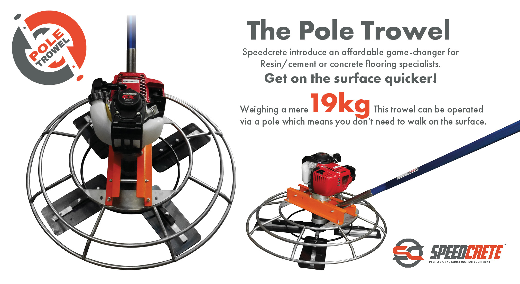 The Pole Trowel is a super lightweight trowel ideal for compressing resin bound floors. Remove the need to compress resin via hand tools on your knees. Simply glide across the surface with ease. Available from Speedcrete, United Kingdom.