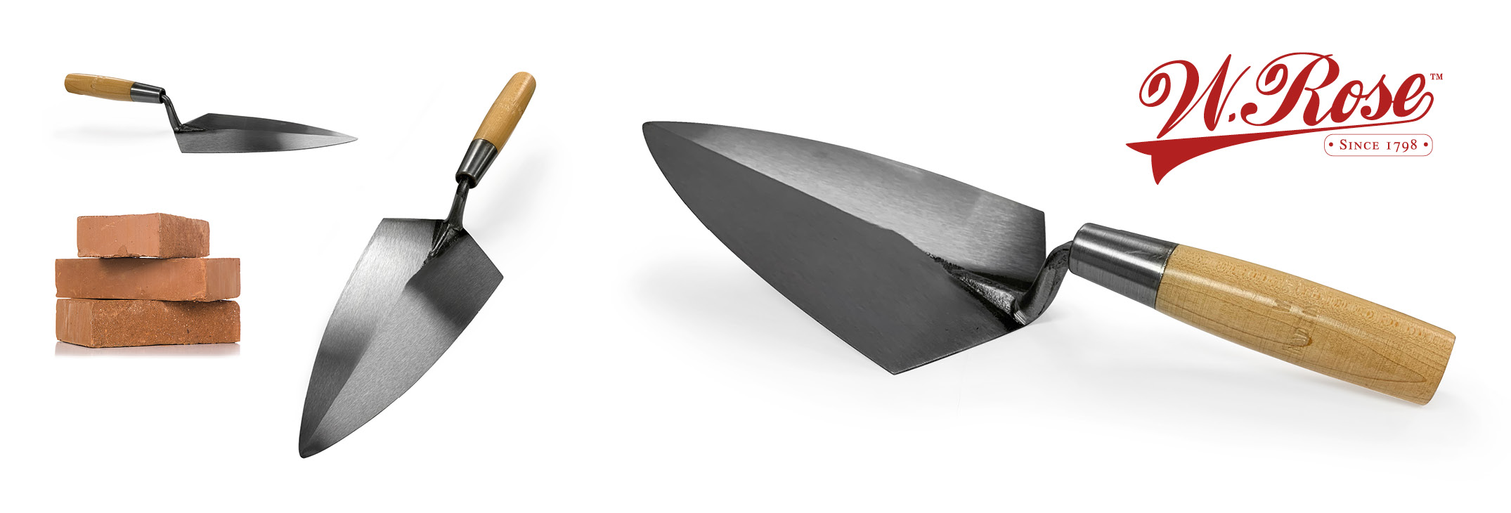 W.Rose Trowels with a traditional wooden handle are forged in a single piece of crucible steel. Available in the United Kingdom via Speedcrete.